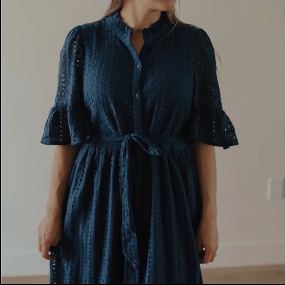 Navy Blue Cotton Eyelet Midi Dress - Picture 2 of 8